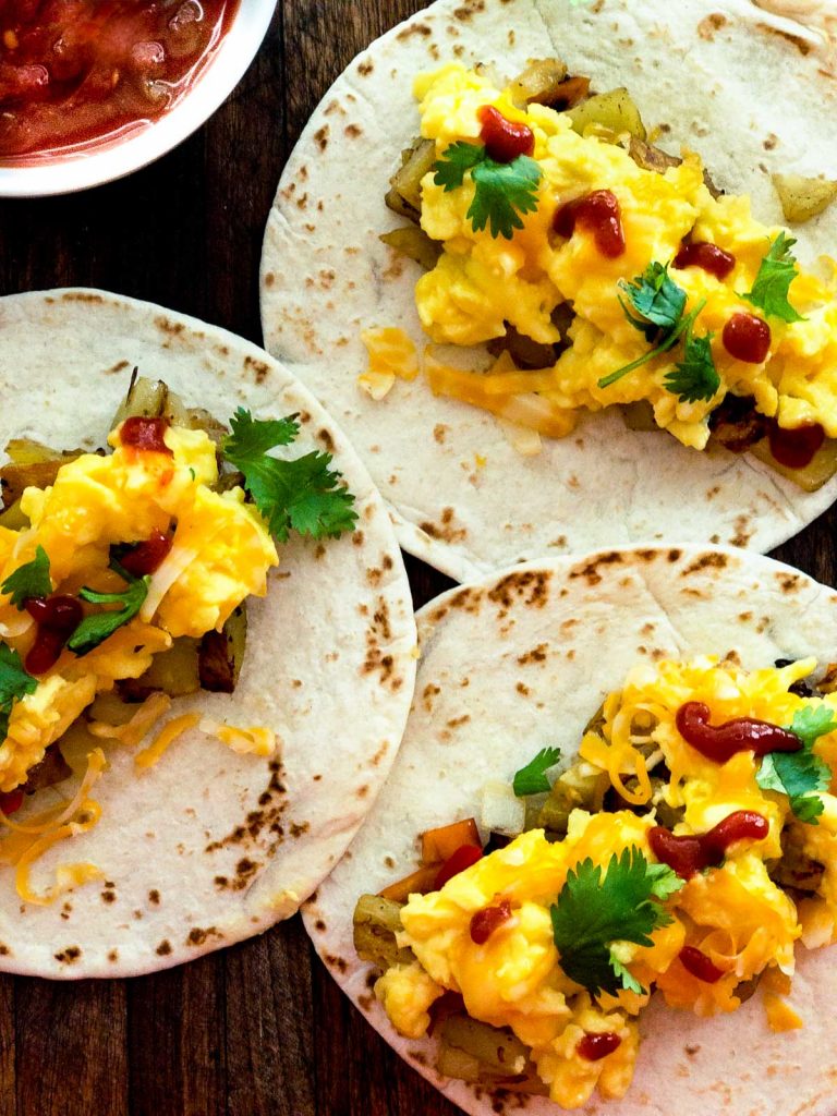 Three open face breakfast tacos