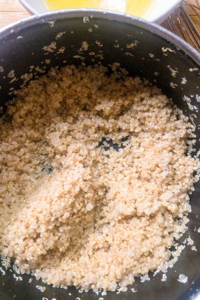 Cooked quinoa in a sauce pan