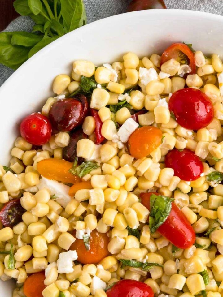 Corn and Tomato Salad in a white bowl