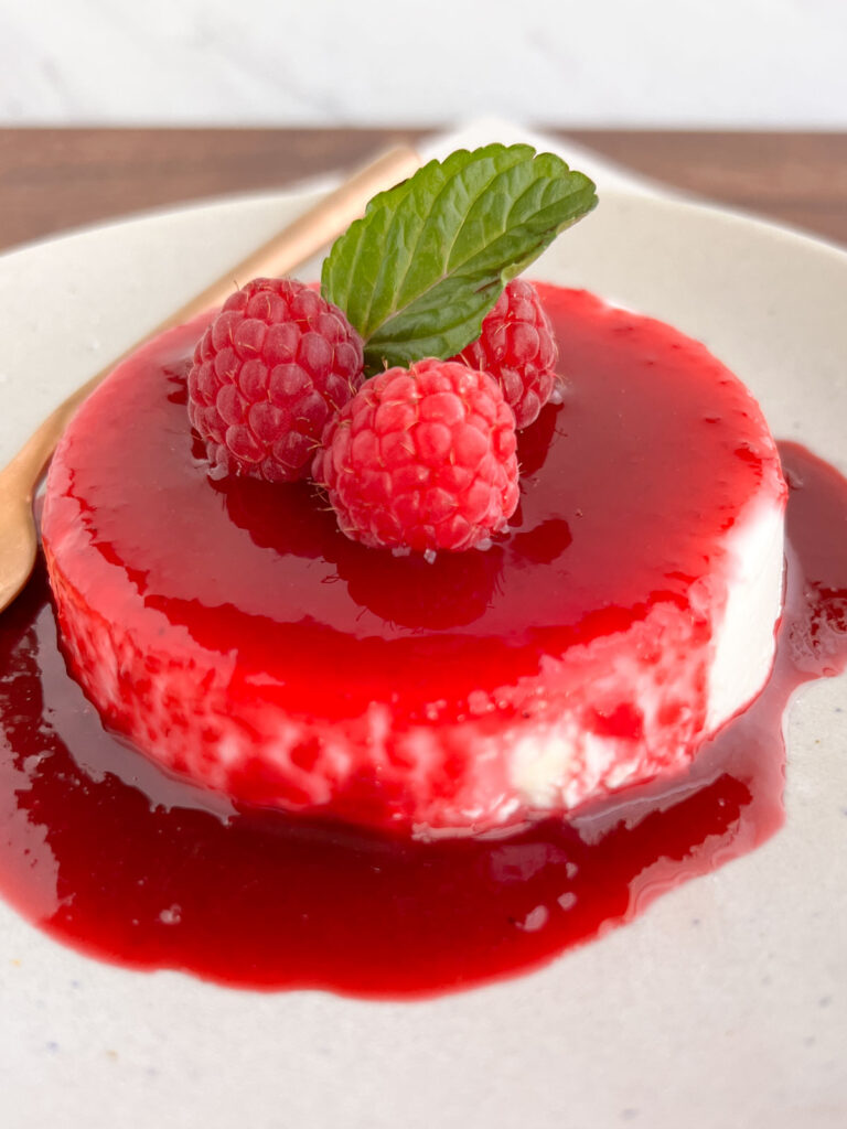 Yogurt Panna cotta with raspberry sauce on a plate