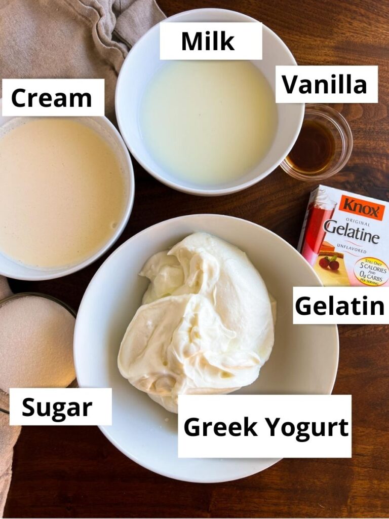 Ingredients for panna cotta; whipping cream, milk, Greek yogurt, sugar, gelatin and vanilla