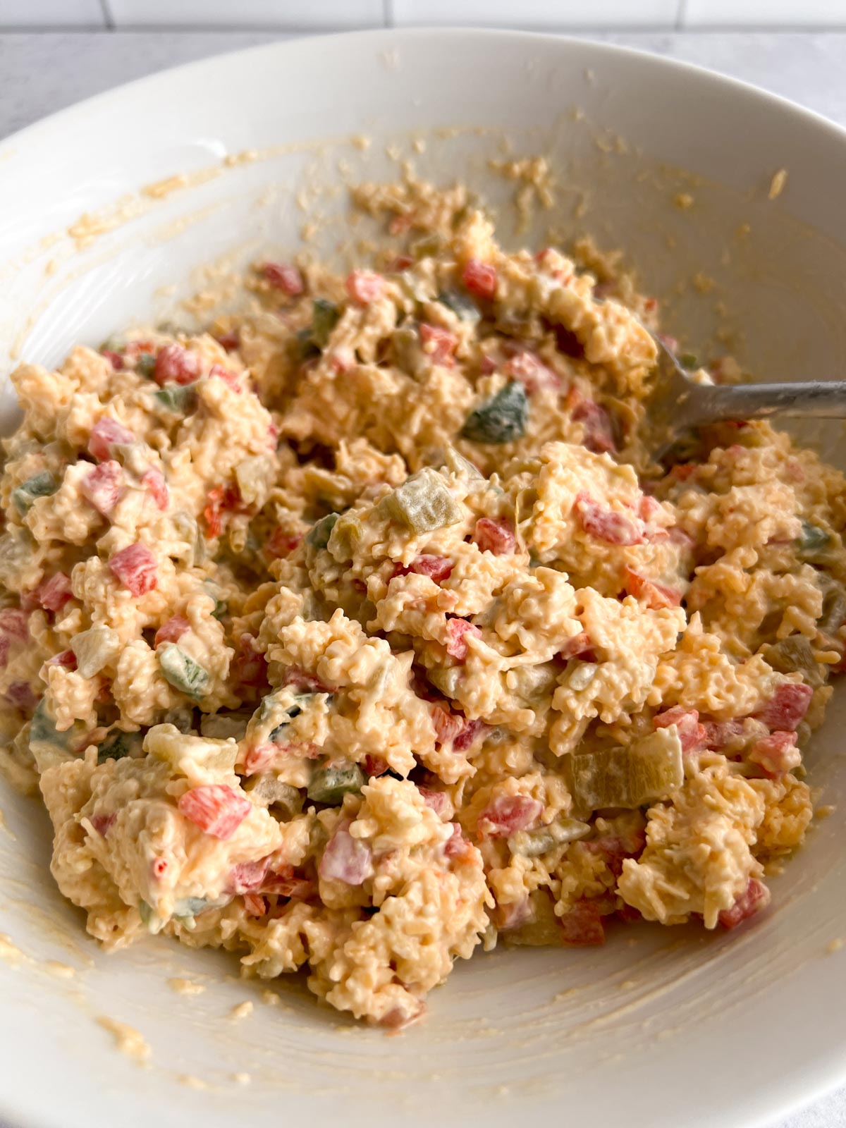 Pimento cheese in a white bowl