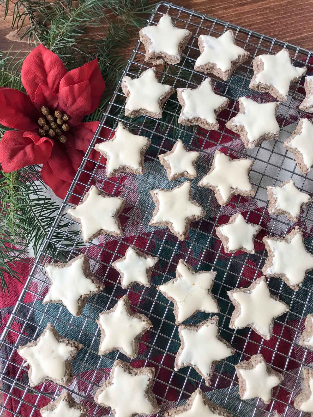 Zimsterne on a metal cooling rack and a poinsettia on the side for decoration